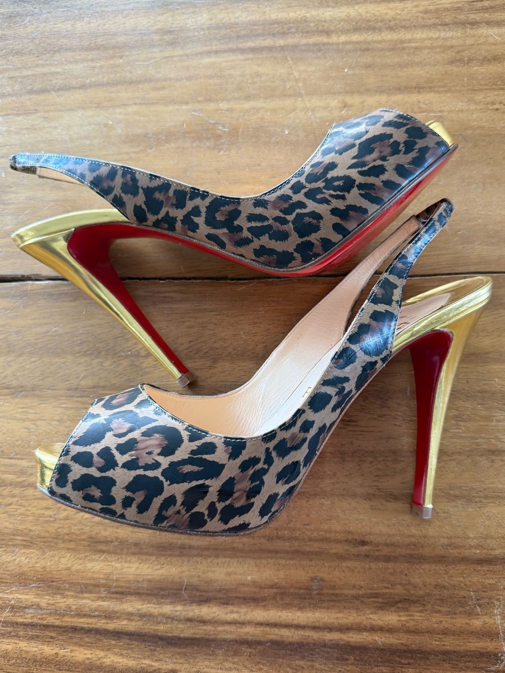 Vintage Leopard Print Slingback Peep Toe High Heels - Gold & Red Accents